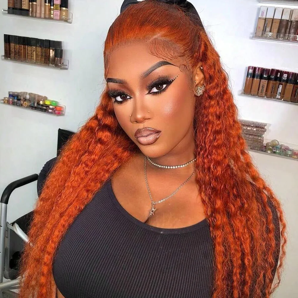

Ginger Orange Water Wave 350 Colored 13x4 Transparent Lace Front Wig Human Hair for Women Deep Curly Wigs Pre Plucked