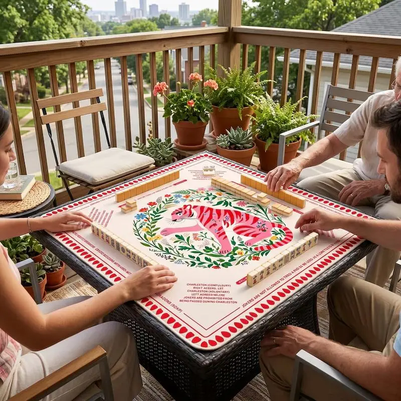 VIKAMA Folk Art Orange Tiger Floral Mahjong Mat Non Slip Silent Rubber Foldable Waterproof Game Pad For Mahjong Home Party