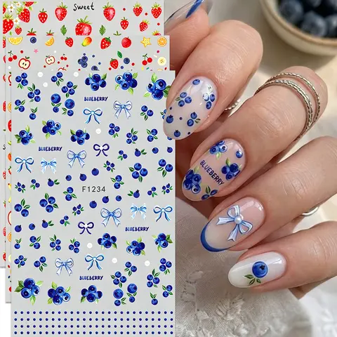 Autocollants et décalcomanies pour ongles en forme de nœud papillon, motifs fruits frais, fraise et myrtille d'été, 3D auto-adhésifs, fournitures pour ongles pour professionnels