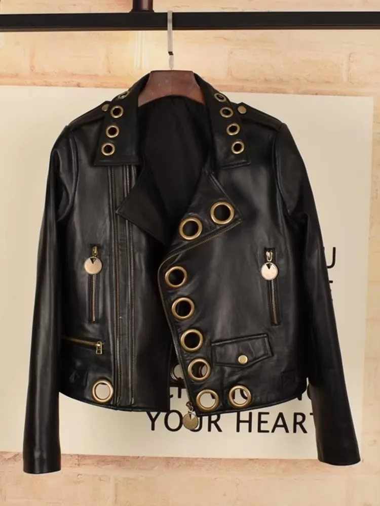 New Designer Women Metal Hollow Out Sheepskin Real Leather Jacket Punk Style Moto Biker Short Outwea Coat Genuine Leather Jacket