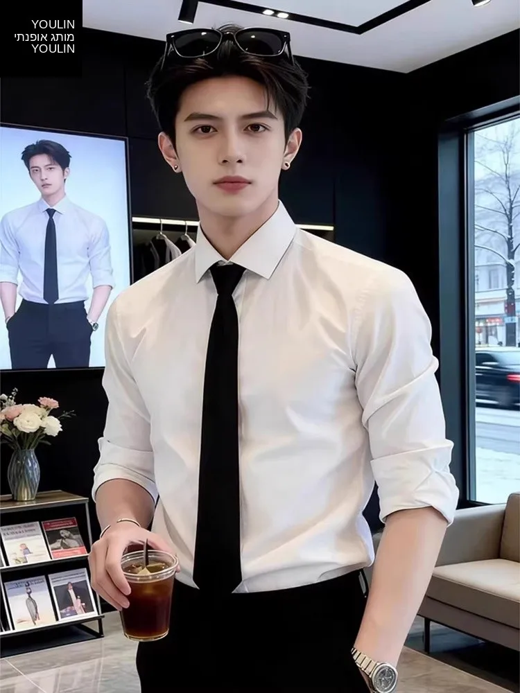 Casual Style Men's Long Sleeve Fleece Lined Shirt Slim Fit Business Casual Outerwear Waist Cinched Suit Inner Wear White