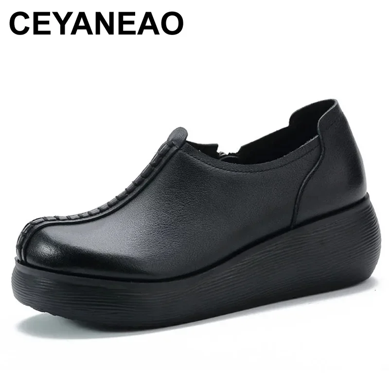 

CEYANEAO spring new original wedge heel leather women's shoes thick-soled high heels increase Korean style single shoeswomen