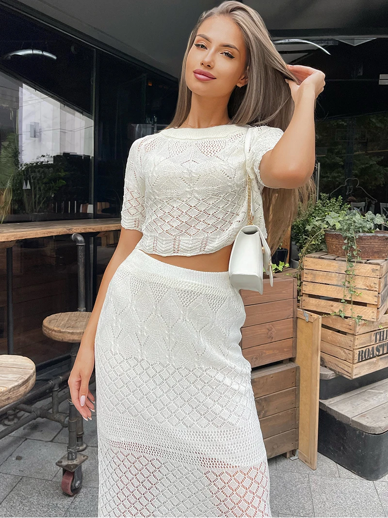 Seksowny letni dwuczęściowy zestaw damski Casual Knit Skirt 2-częściowy zestaw z podszewką Hollow White Floral Dzianinowy dwuczęściowy zestaw damski