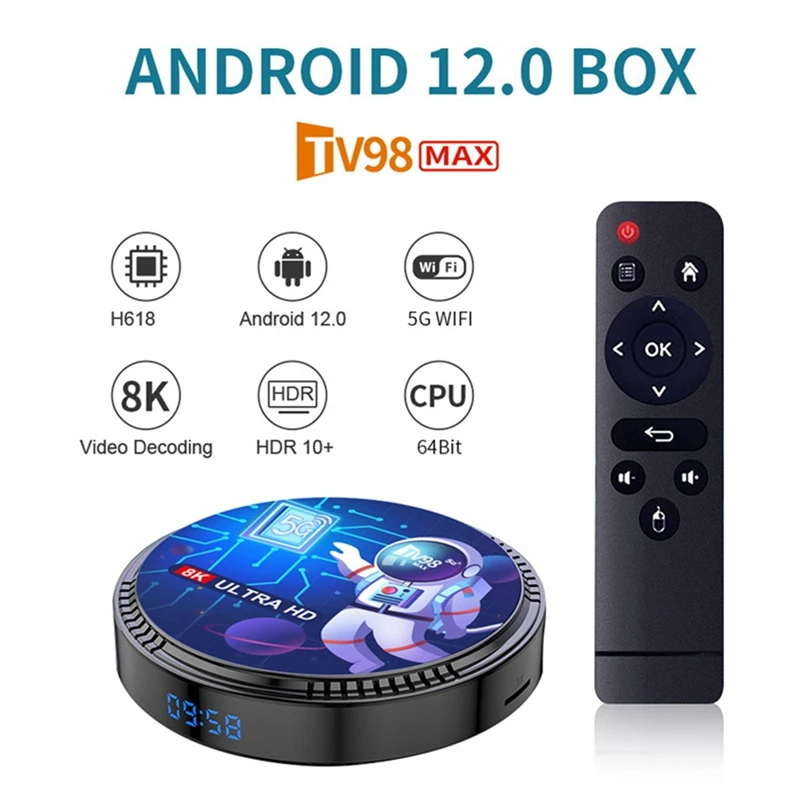 

TV98MAX TV Box 2G+16G Allwinner H618 Android 12 Smart TV Box 2.4G+5G WIFI+Blutooth5.0 H265 TV98 Media Player Durable EU Plug