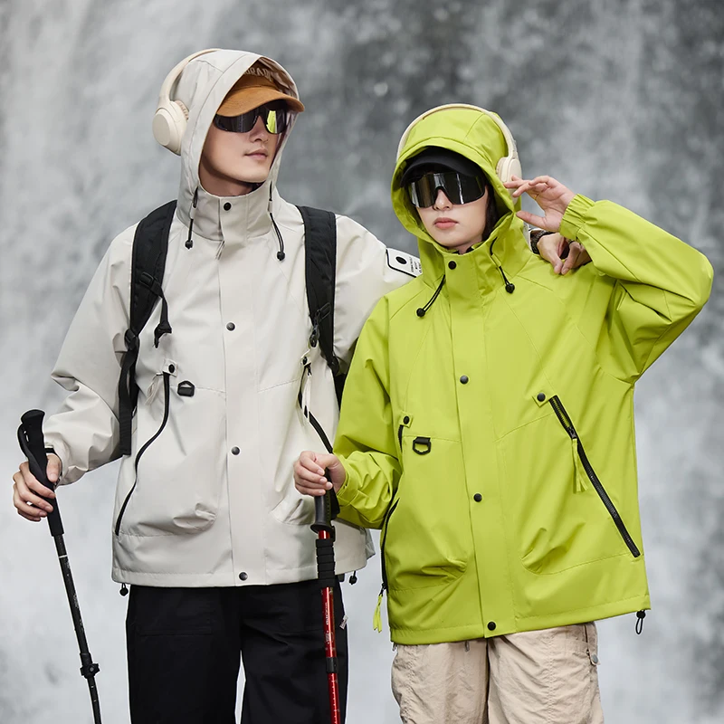 Men Women Couple Outdoor Jacket Waterproof Windbreaker Hooded Windproof Coat Loose Large Size S‑4XL Hiking Travel Camping Trekki