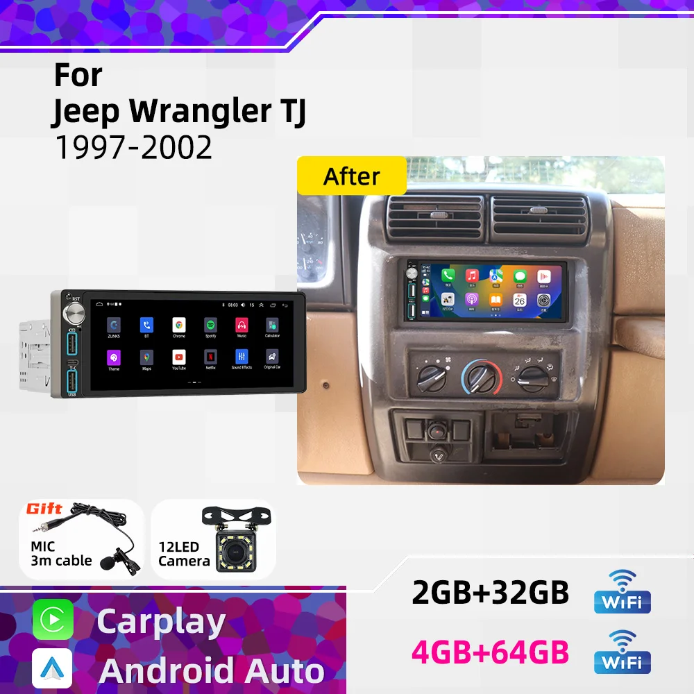 Central Multimídia Automotiva Sem Fio CarPlay Android 6.86" 1 Din para Jeep Wrangler TJ 1997-2002 Rádio GPS Multimídia