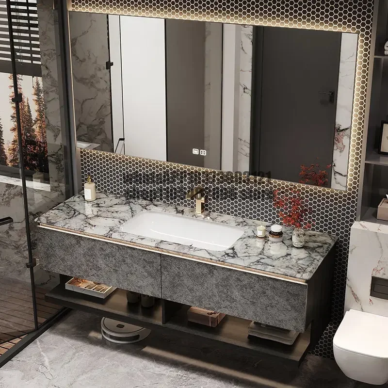 Light luxury hotel style bathroom cabinet combination marble luxury stone countertop toilet washstand hand washbasin cabinet