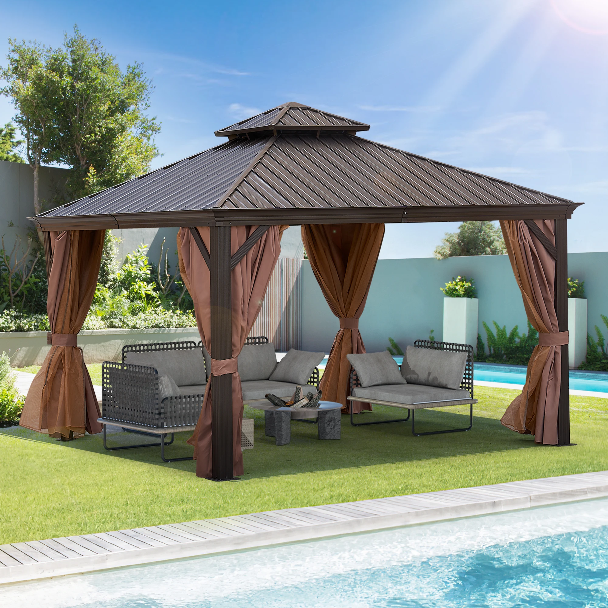 12x12FT Patic Gazebo Alu Gazebo with Steel Canopy Outdoor Permanent Hardtop Gazebo Canopy for Patio Garden Backyard[US-Stock]