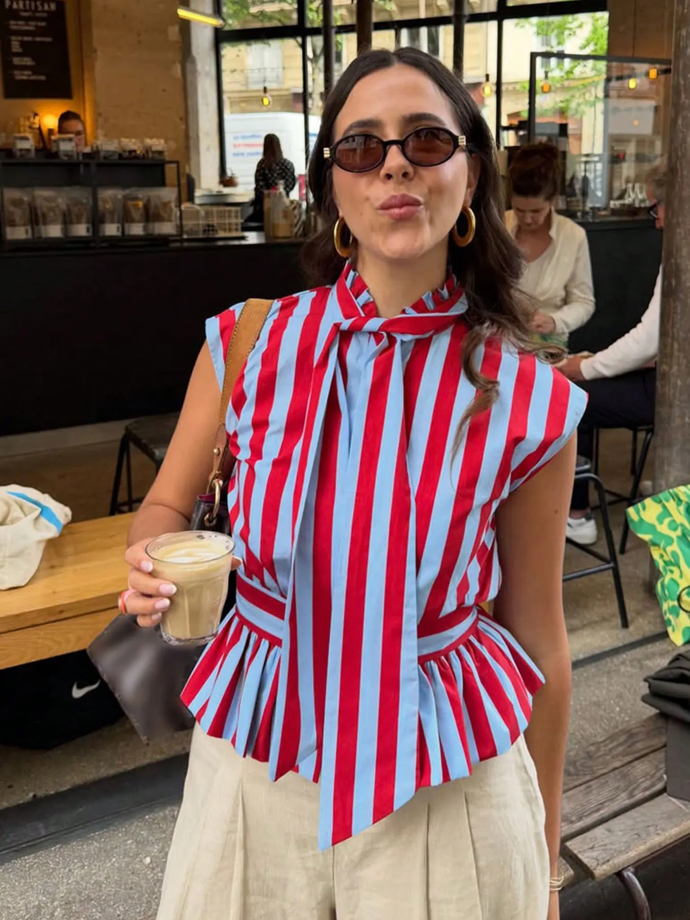 HH Women Elegant Fashion Red Blue Stripe Blouse Bow Tie Neck Single Breasted Sleeveless Shirt Casual Women High Street Chic Tops view 3