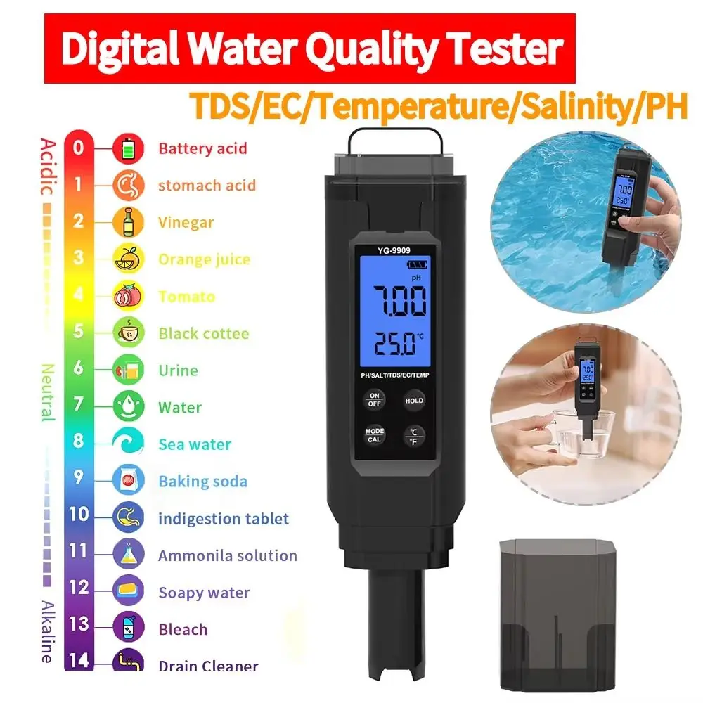 

5-in-1 Household Water Test Pen Multifunction Waterproof Digital PH Meter High Accuracy LCD Digital Display Water Quality Meter