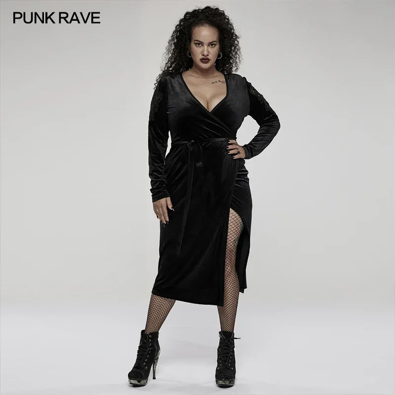 

PUNK RAVE Women's Gothic V-neck Elastic Velvet Dress Exquisite Decals Decorated Side Slit Party Club Sexy Black Dresses