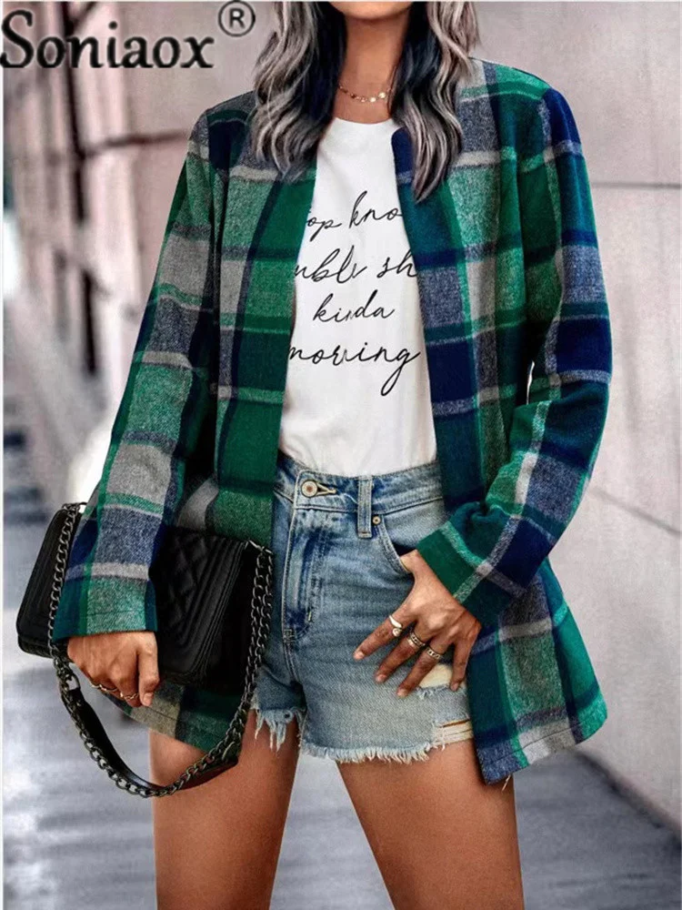 Woolen Plaid Shirts Womens Blouses Autumn Long Sleeve Lady Tops Loose Casual Checked Female Clothing Outwear Coat 2022 Spring