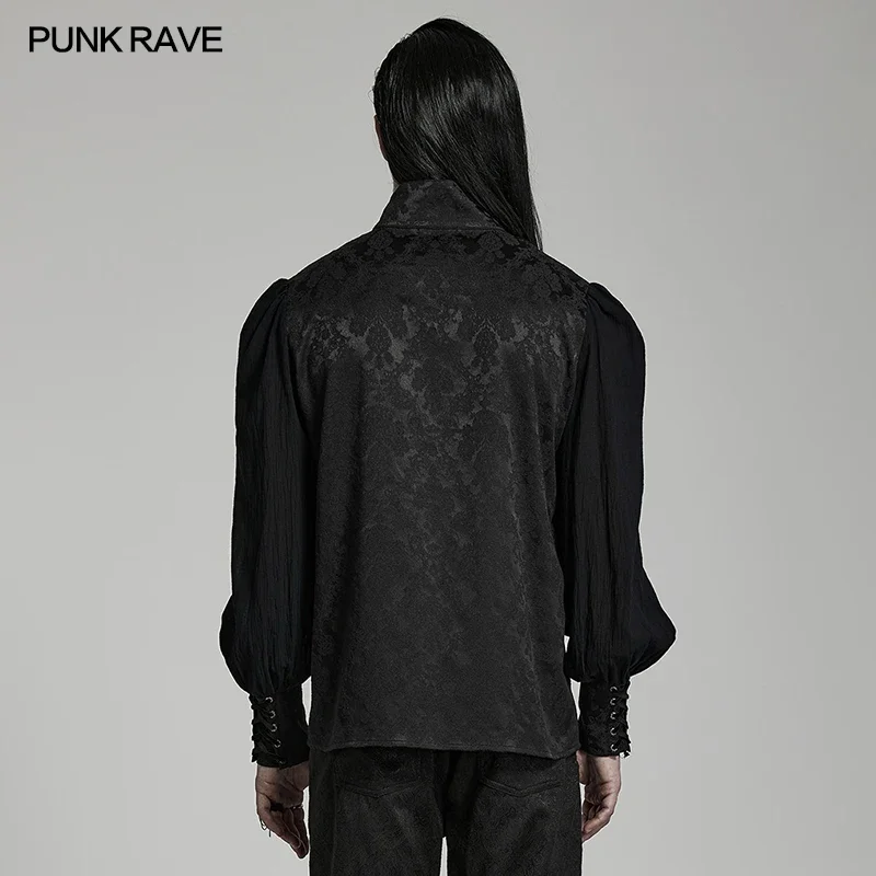 PUNK RAVE Men\'s Gothic Lantern Sleeve Stand Collar Shirt Symmetrically 3D Segmentation Jacquard Shirts for Men Spring/Autumn