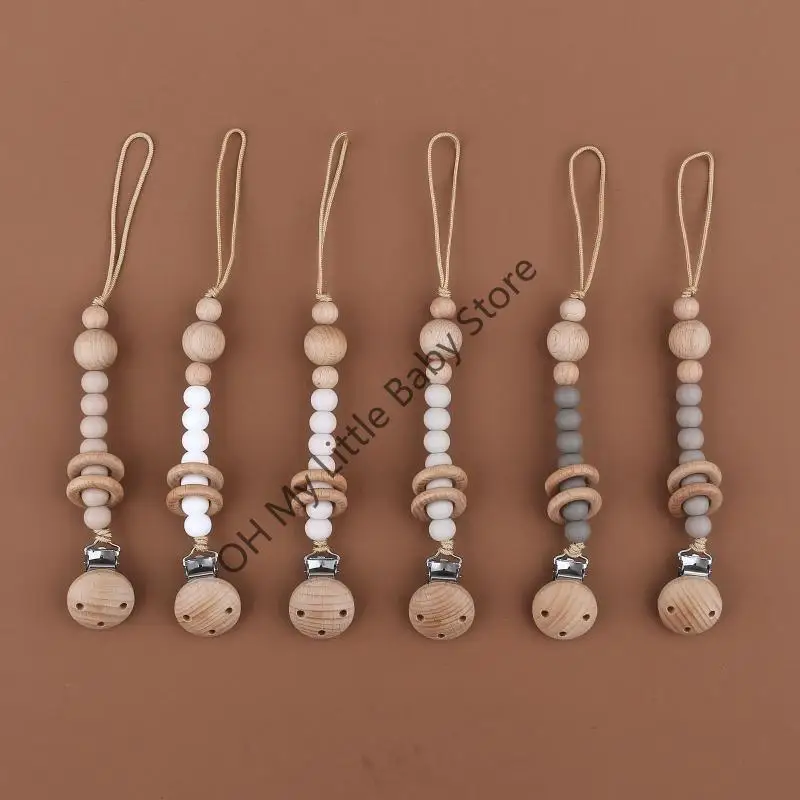 M76C هوة كليب مع سيليكون التسنين حبة حلقة خشبية عضاضة كليب هوة سلسلة سلامة الطفل مهديء مضغ سلسلة ألعاب