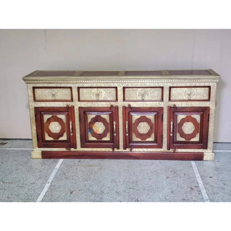 Handmade wooden console cabinet Brass embossed decorative sideboard