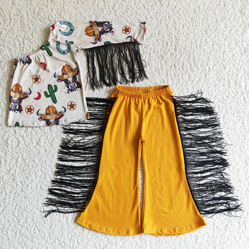 Western Cactus Cow Baby Girl One Shoulder Kid Fringe Bull Clothes Yellow Cotton Pants Wholesale Toddler Set Children Fall Outfit