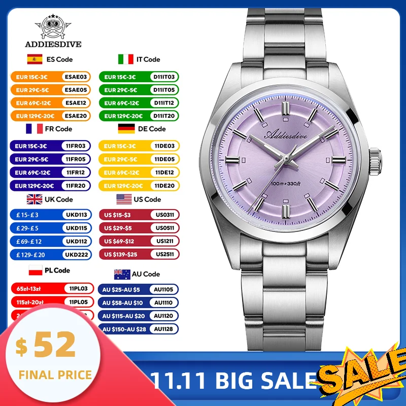 

ADDIESDIVE AD2515 Mens Luxury Watch Japanese Quartz VH31 Stainless Steel Case Domed Mineral Glass BGW9 Luminous 100M Waterproof