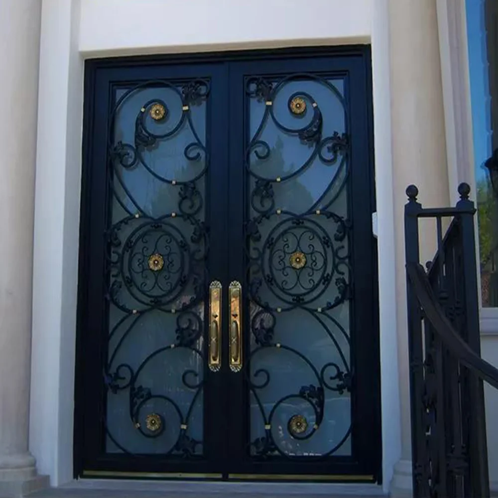 Customization Wrought Iron Gates with Floral Branches Suitable for Private Villa Wrought Iron Gates Containing Tempered Glass
