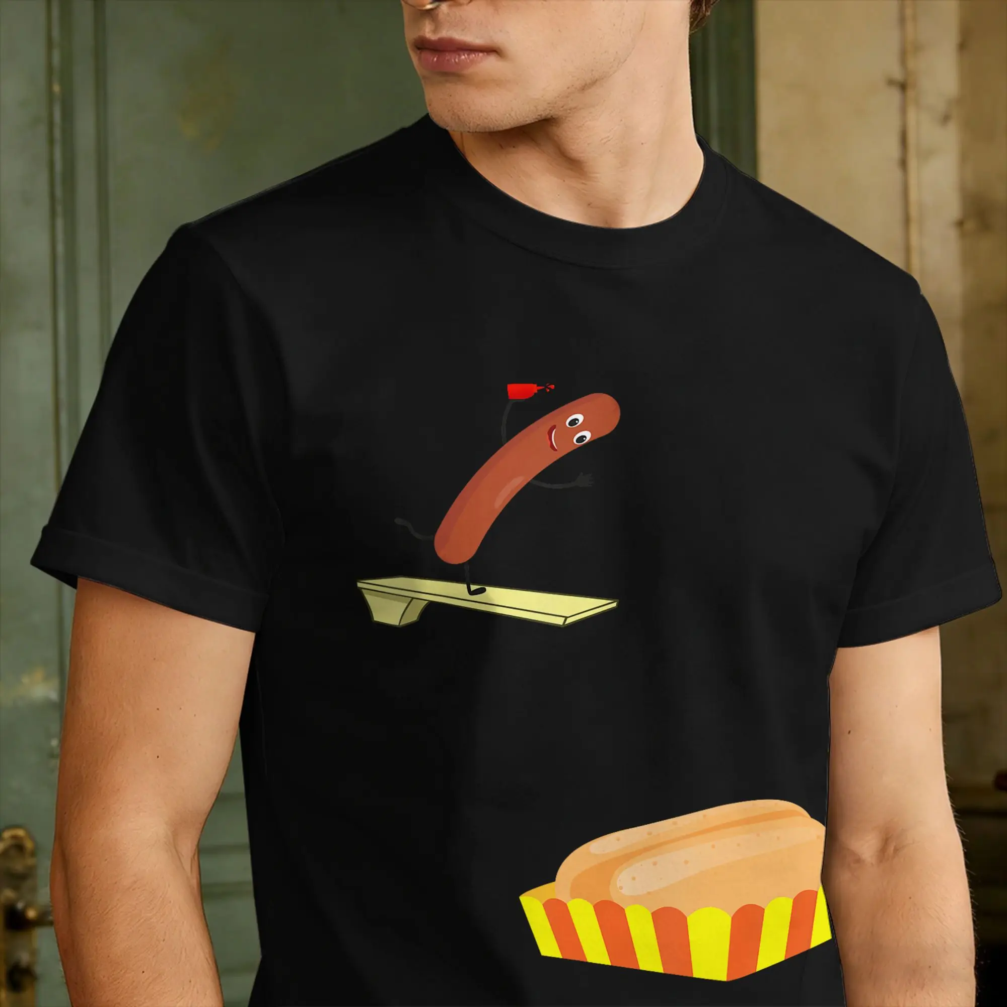 Casual T-Shirt Summer Diving Hot Dog Into Bun Trendy Cool T-Shirts Funny Food Diver Cotton Tee Shirt for Men Short Sleeve Tees