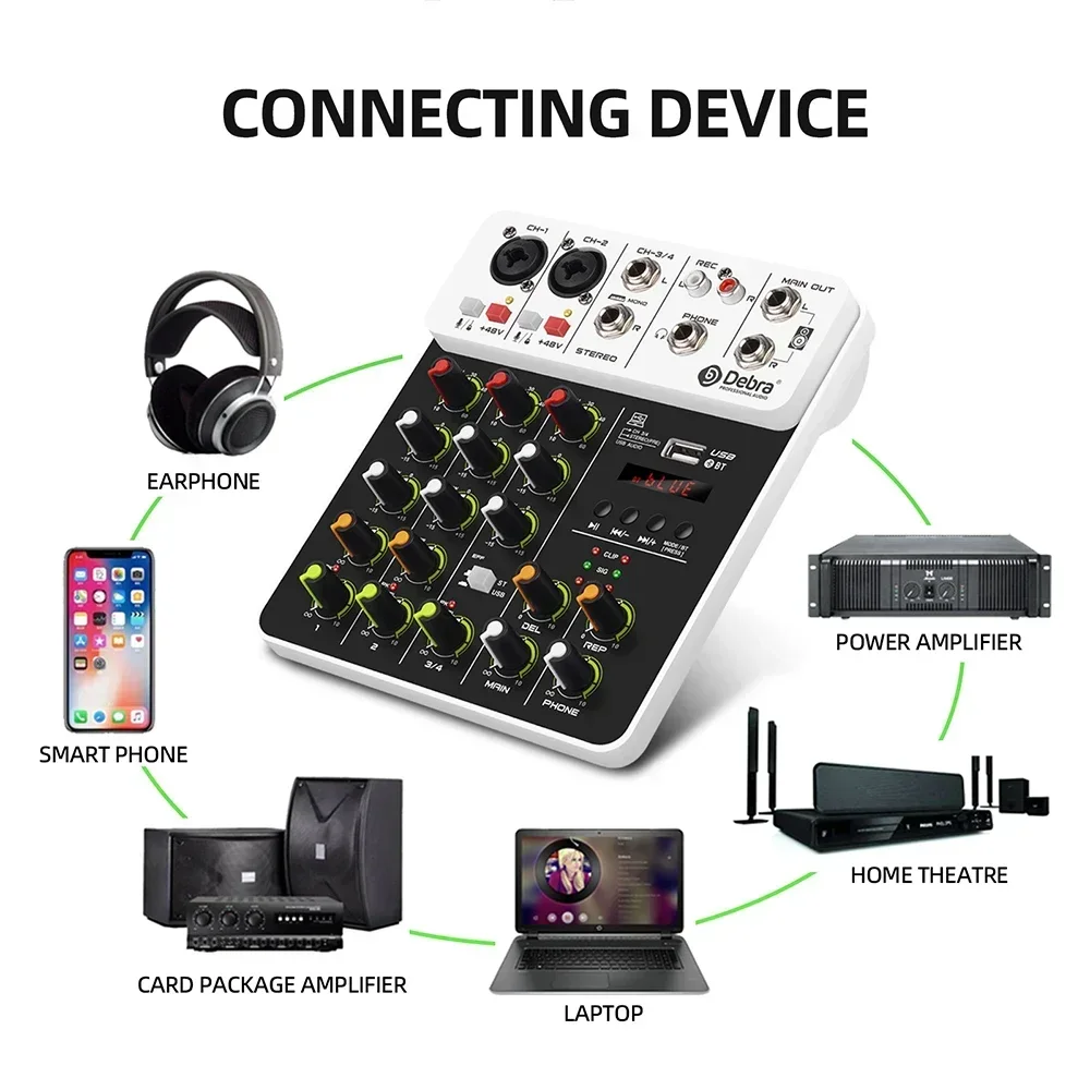 Mezclador de Audio de 4 canales, mezclador de sonido V4 con efecto de retardo de alimentación Phantom de 48V, Bluetooth, USB, ordenador de grabación, consola DJ