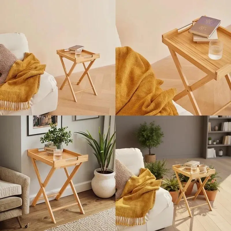 for BAMBKIN Modern Eco-Friendly Living Room Furniture Foldable Bamboo Console Table with Legs and Handles Service Tray