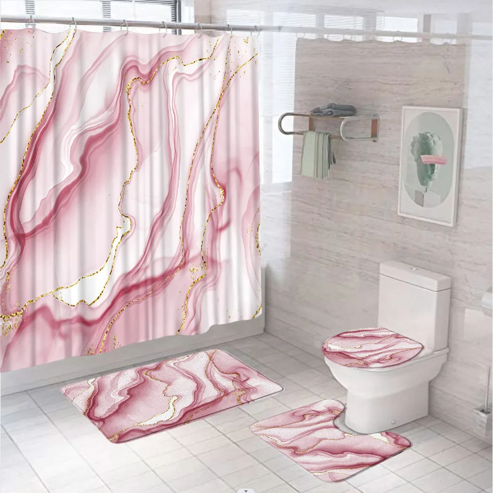 4Pcs Pink Marble Shower Curtain Set Non-Slip Rugs Toilet Lid Cover Bath Mat Bathroom Decor Set Shower Curtain Rugs Accessories