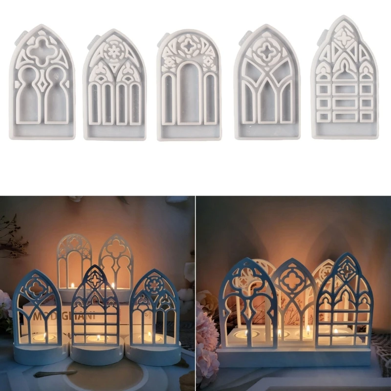 5pcs Silicone Moulds House Shape Candlesticks Resins Molds Gothic House Candle Holder Silicone Molds DIY Castings Mould