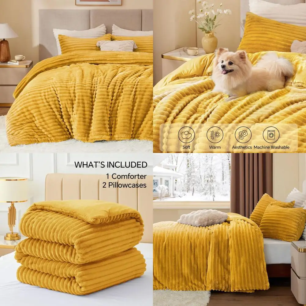 Selimut Bulu Lembut & Nyaman Warna Kuning Mustard dengan 2 Sarung Bantal untuk Malam Musim Dingin yang Mewah