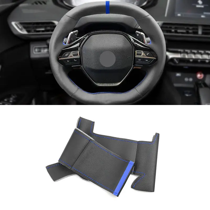 For Peugeot 3008 4008 2017 2018 508 2019 Hand Stitched Car Interior Steering Wheel Cover Microfiber Leather Trim Blue Line Strip