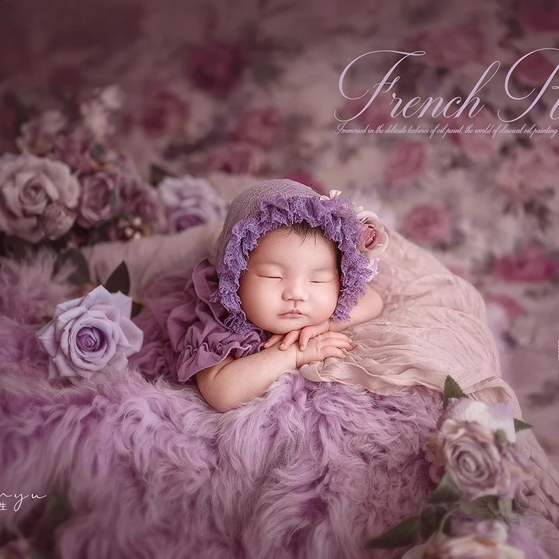 Newborn Photography Props Purple Floral Theme Set Wool Blanket with Dress Hat and Bubble Wrap Backdrop for Studio Photoshoot