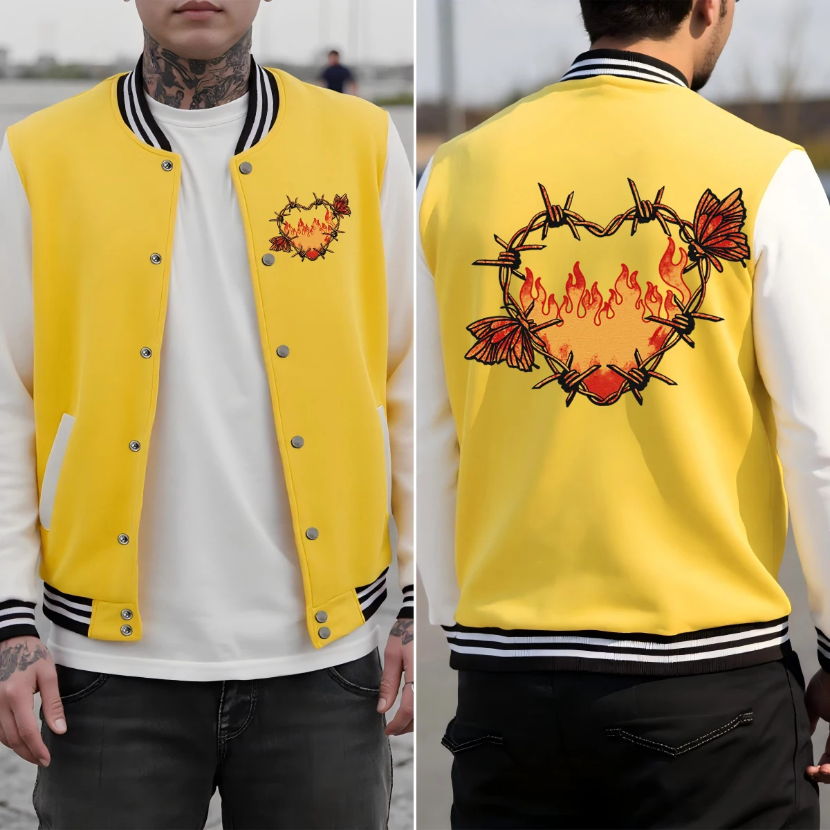 

Love Butterfly Flame Creative Printing Men Baseball Uniform Warm Loose Streetwear Autumn Pocket Jackets Cotton Sportswears