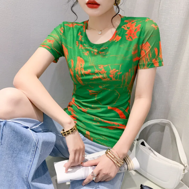 #5491 Black Green Yellow T Shirt Women Short Sleeve Summer Mesh Printed T Shirt Female Elastic Mesh T-Shirt Vintage Slim Summer