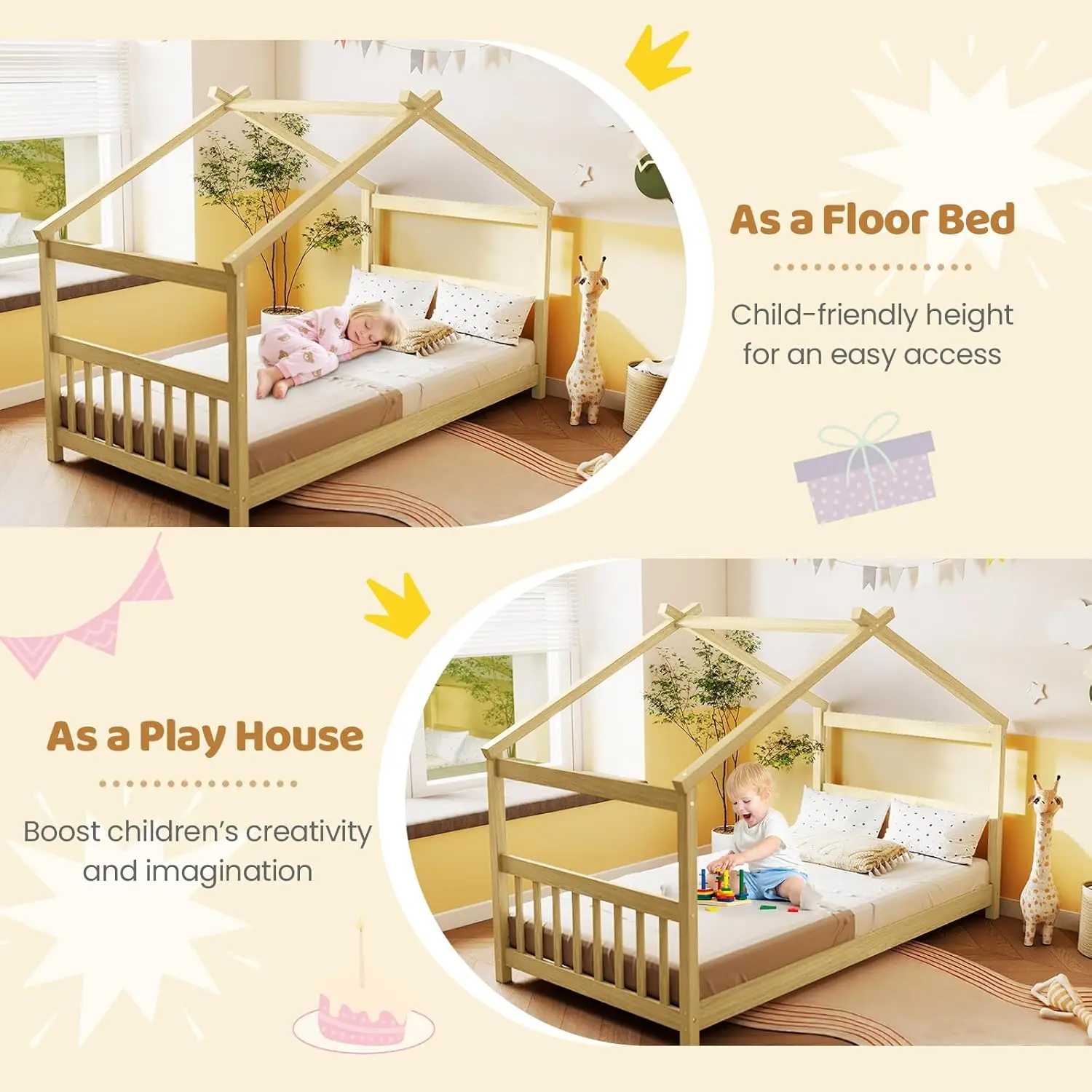 سرير مزدوج من الخشب مع لوح أمامي ولوح للقدمين، لا حاجة إلى صندوق زنبركي، طراز مونتيسوري