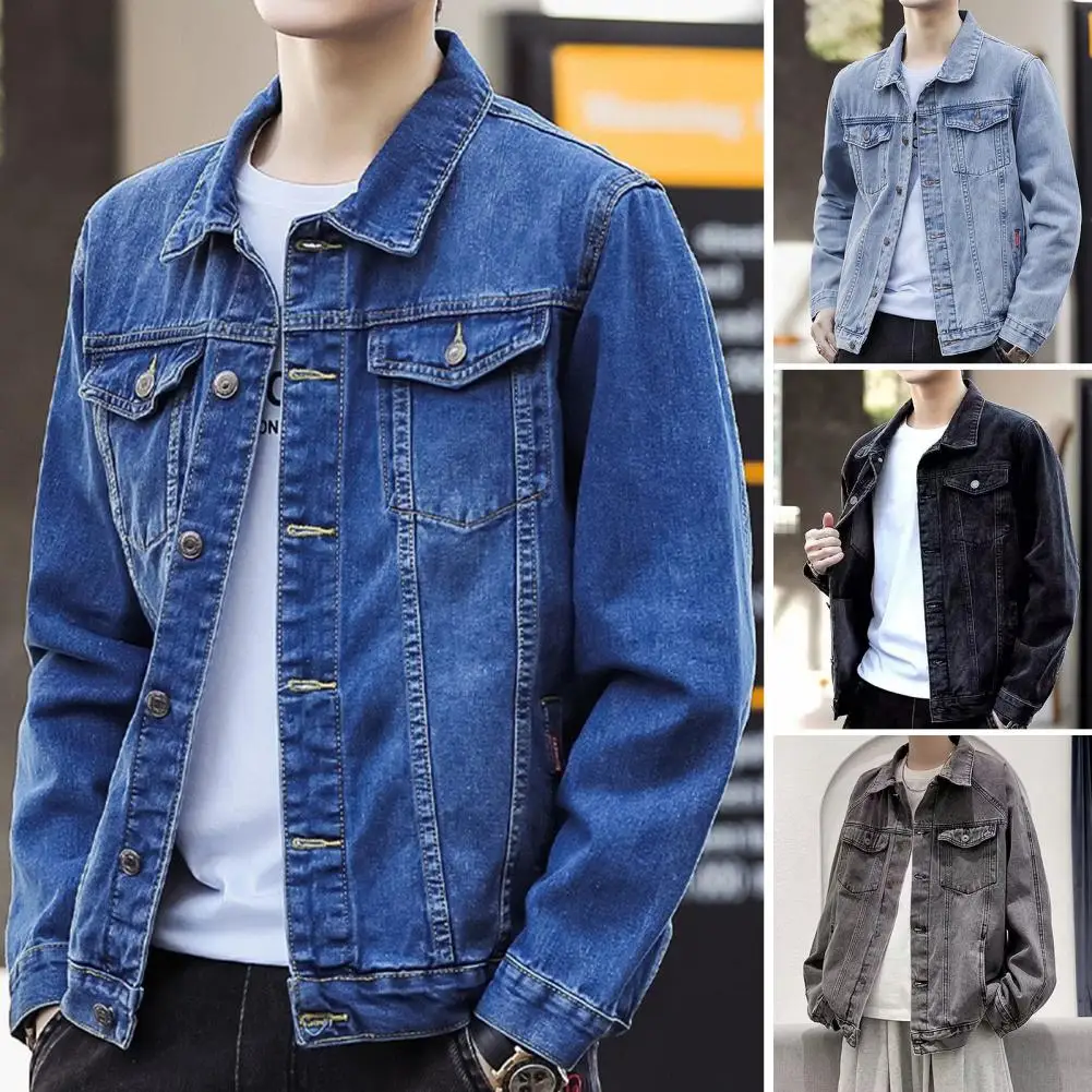 Jaket Denim pria, jaket Denim gaya Retro Hop dengan banyak saku longgar cocok untuk pria, mantel pakaian jalanan ukuran Plus dengan kancing sebaris