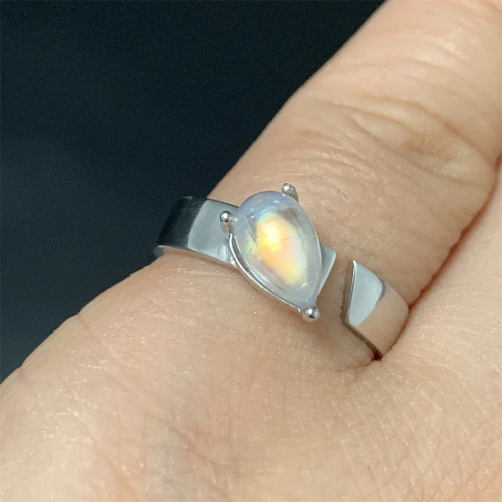 الطبيعية الملونة البرتقال ضوء Moonstone خواتم النساء WaterDrop الحصان العين الأزرق قوس قزح القمر حجر حبة شفافة 925 خاتم فضة