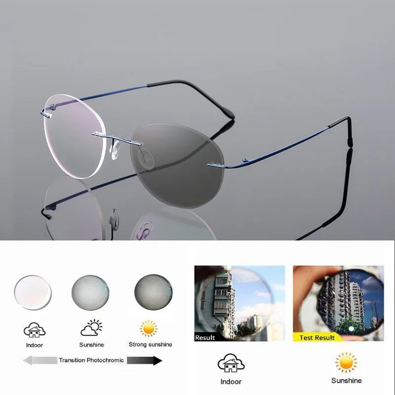 Randlose Photochrome Myopie‑Brille Titanlegierung Rund Männer Frauen Rezeptbrille Sonnen‑Farbwechsel Für Draußen – Detail 10