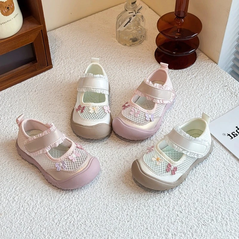 Girls Princess Shoes Mesh Breathable Lace Sweet Kids Casual Shoes Toes Capped 2026 Brand New Children Flats Breathable Soft Sole