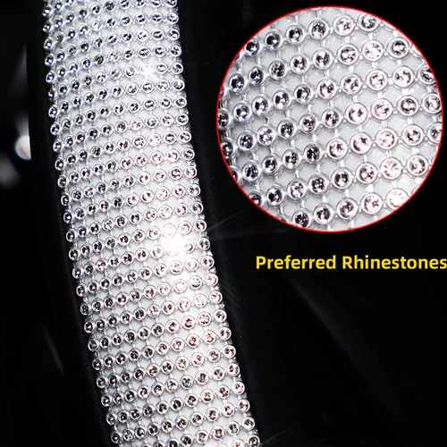 1 protector para volante de coche con lazo de cuero BlingblingPU con flash con incrustaciones de diamantes, apto para suministros automotrices de 14,5-15""