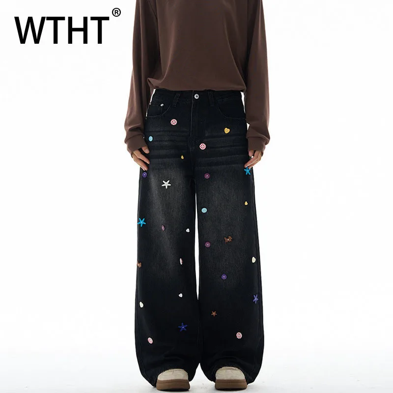 

WTHT Fashion Men's Embroidery Do Old Design Denim Pants Vintage Casual High-waisted Wide Leg Jeans Male 2025 Autumn 2A1820