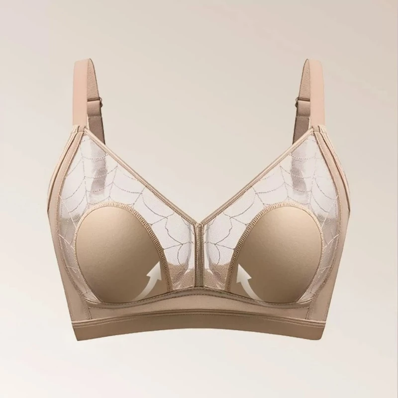 MOYISU Women Ultra Thin Spider Mesh Bra Wireless Rabbit Ear Cup Lift Side Support Minimizer Underwear for Big Breast Daily Wear
