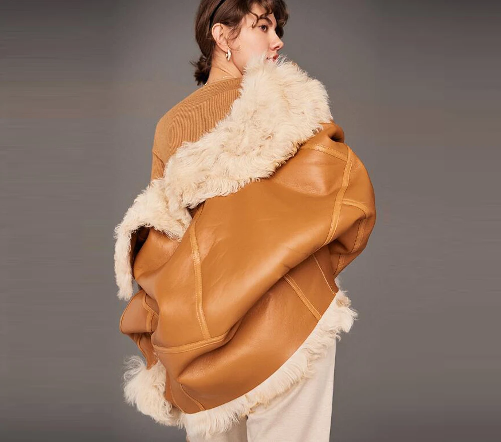 Denny & Dora สตรี Sheepskin และเสื้อขนสัตว์สตรี Shearling แจ็คเก็ต Warm Natural Fur Coat