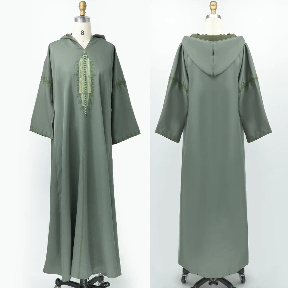 Caftan Marocain Femme Islam Robe Muslim Women's Arab Embroidered Loose Hooded Jilbab Green Arabic Dress Turkiye Abaya Dubai New