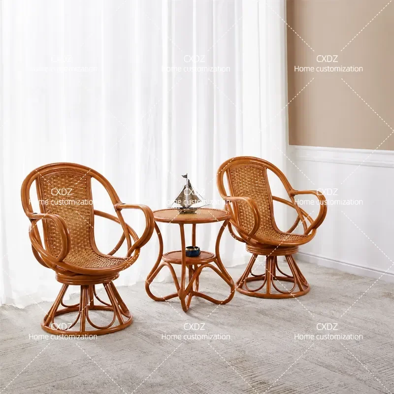 3 Piece Rattan Chair Set Balcony Leisure Swivel Chair High Back Natural Wicker Seat for Villa Hotel Home Living Room Simple