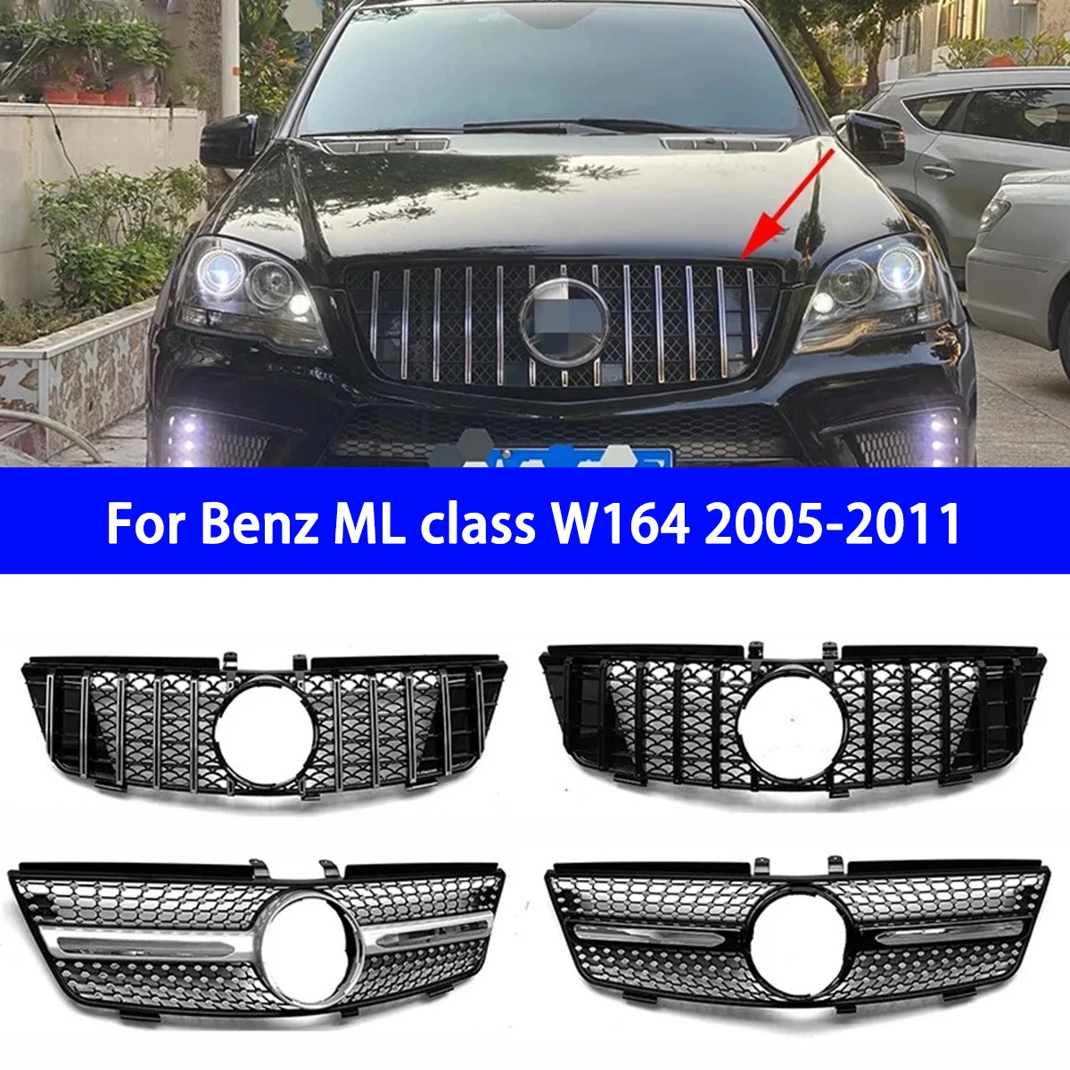 

Suitable for Mercedes Benz ML Class W164 2005-2011 ML320 ML350 ML450 ML500 Black Grille Car Front Bumper Grille