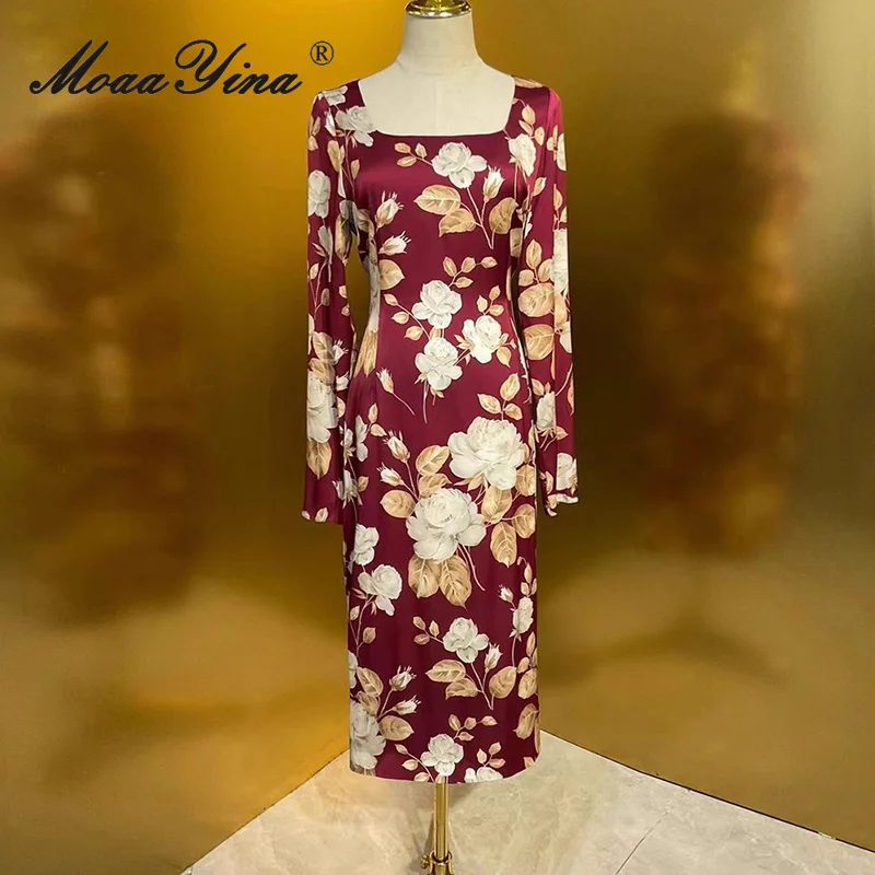 MoaaYina 2025Herfstoutfit Moerbei zijden jurk Royale kraag rok met lange mouwen en omwikkelde billen Temperament Luxe