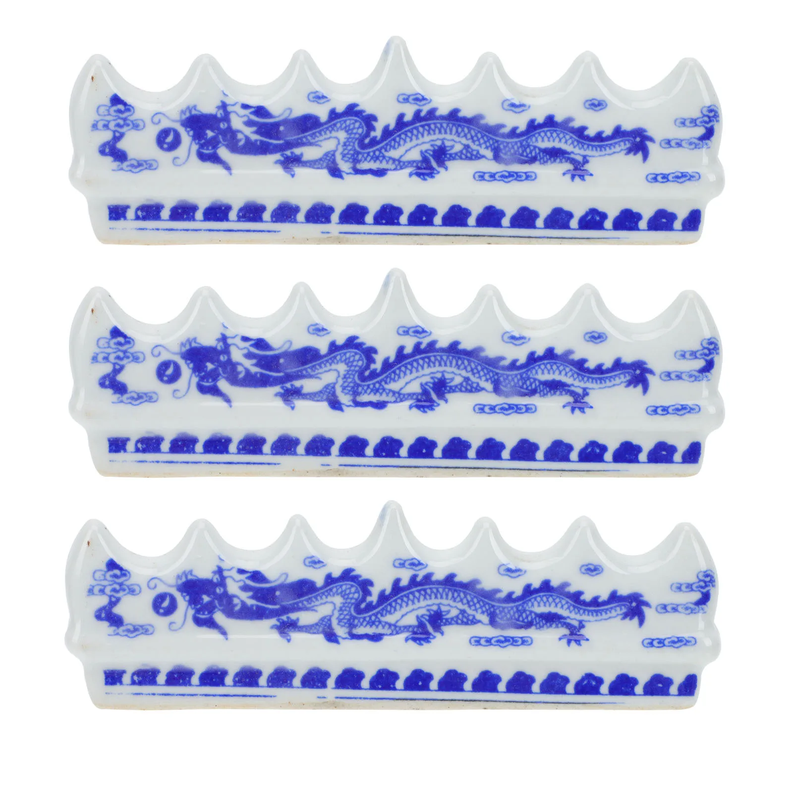 3Pcs Durable Ceramic Calligraphy Brush Pen Holder Blue and White Ink Brush Stand Desktop Organizer for Office Study