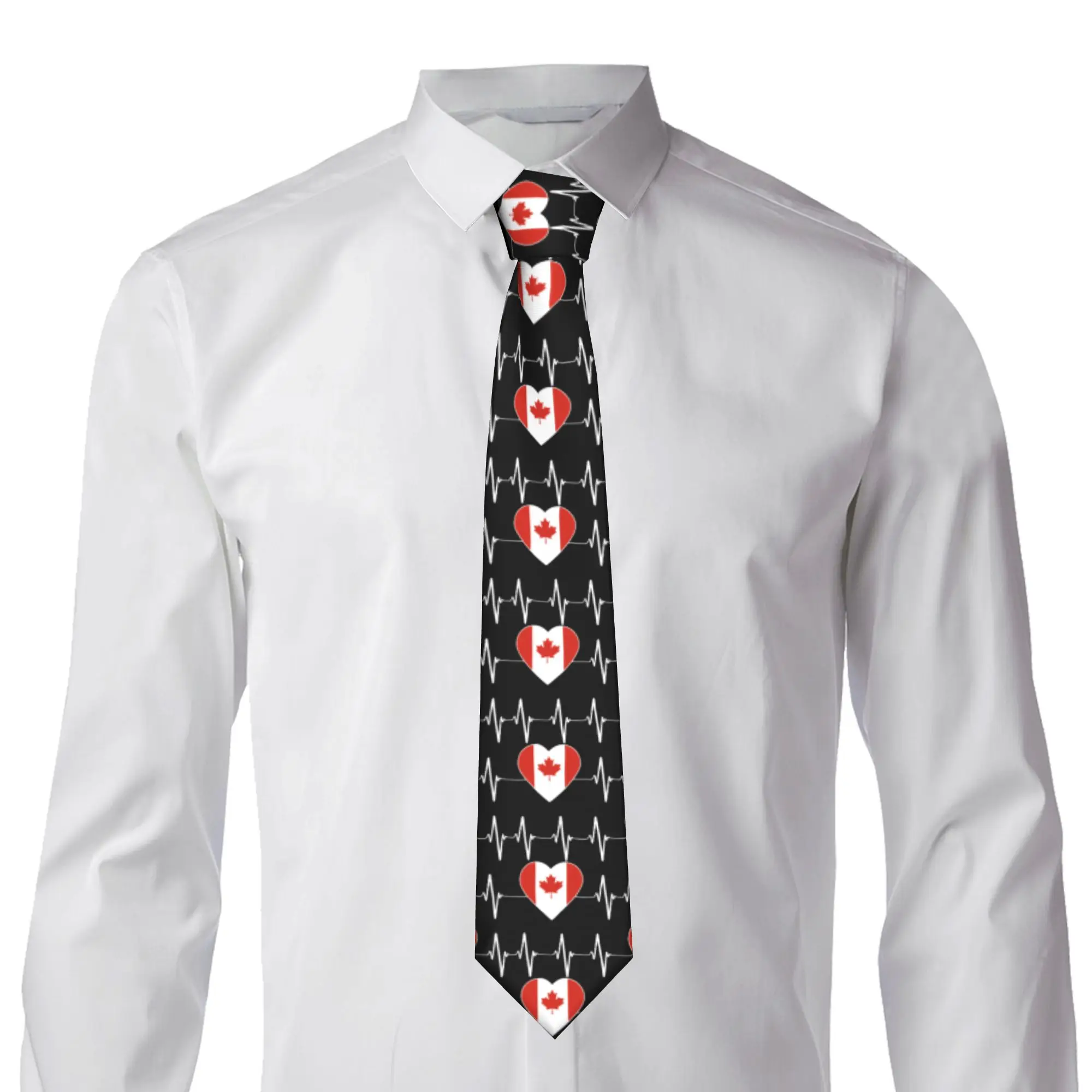 Classic Heartbeat I Love Canada Country Flag Heart Family Neck Tie for Office Mens Canadian Flag Neckties