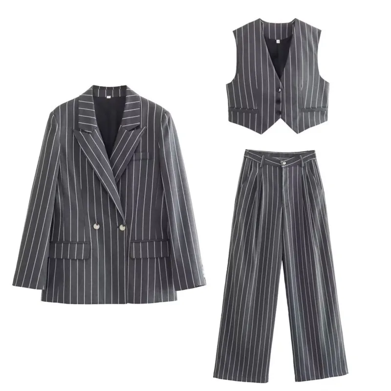 Women\'s striped suit jacket + vest pants set summer new classic 2 sets