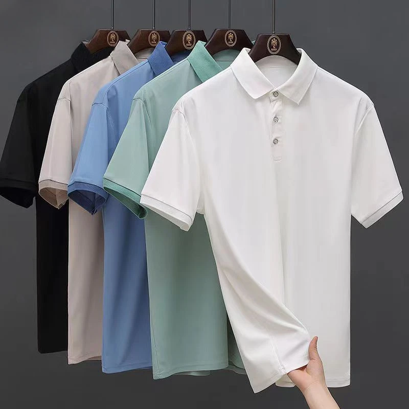 High Quality Ice Silk Solid Color Polo Shirt Men\'s Summer Thin Lapel Top Breathable T-shirt Short Sleeved Shirt Streetwear