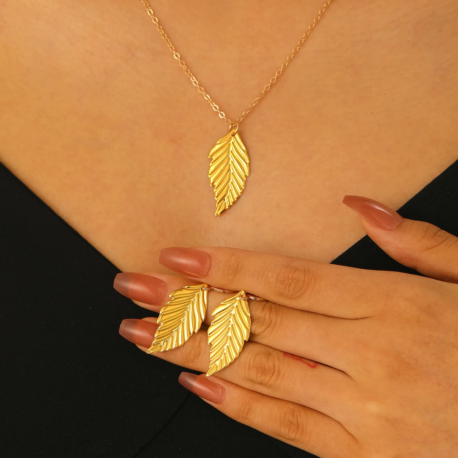 Jewelry Sets Korean Fashion Gold Color Leaf Drop Earrings For Women 2026 Trending Luxury Necklace 2-piece Set Accessories A68